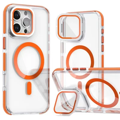 Obudowa magnetyczna do iPhone 16 Pro, przezroczysta obudowa tylnia z TPU i akrylu z ochroną obiektywu i podstawką – pomarańczowa