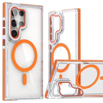 For Samsung Galaxy S24 Ultra Magnetic Case TPU Acrylic Clear Phone Back Cover with Lens Protector Kickstand - Orange