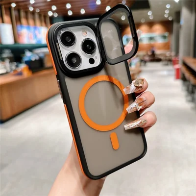 For iPhone 15 Pro Magnetic Case Skin-Touch TPU Acrylic Phone Back Cover with Lens Protector Kickstand - Orange