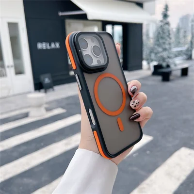 For iPhone 16 Pro Magnetic Case Skin-Touch TPU Acrylic Phone Back Cover with Lens Protector Kickstand - Orange