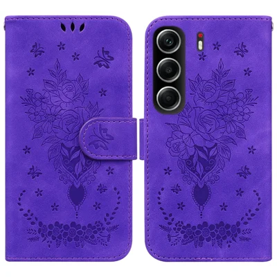 For TECNO Camon 40 4G Case Butterfly Flower Imprint PU Leather Wallet Phone Cover with Strap - Purple