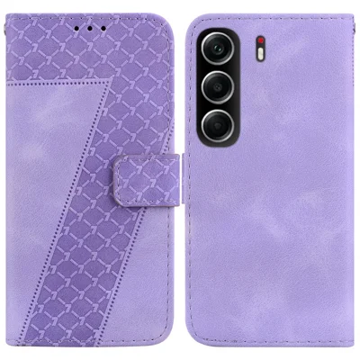 For TECNO Camon 40 4G Stand Case 7-Shaped Pattern Imprint Leather Phone Cover with Strap - Purple