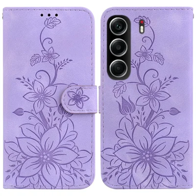 For TECNO Camon 40 4G Stand Case Lily Flower Imprint Leather Phone Cover with Wrist Strap - Purple