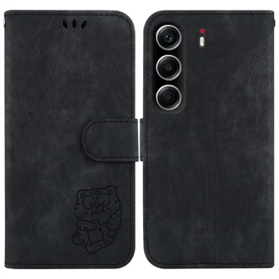 For TECNO Camon 40 4G Wallet Case Tiger Imprint Leather Shockproof Phone Cover with Wrist Strap - Black