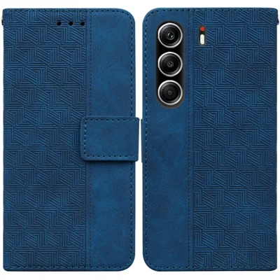 For TECNO Camon 40 Pro 5G / 4G Case Geometry Pattern Leather Wallet Phone Cover with Wrist Strap - Blue