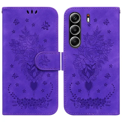 For TECNO Camon 40 Pro 5G  /  4G Case Butterfly Flower Imprint PU Leather Wallet Phone Cover with Strap - Purple