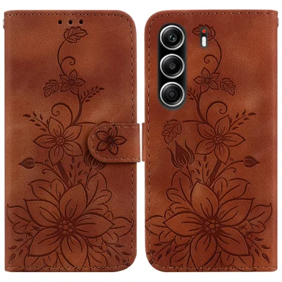 For TECNO Camon 40 Pro 5G  /  4G Stand Case Lily Flower Imprint Leather Phone Cover with Wrist Strap - Brown