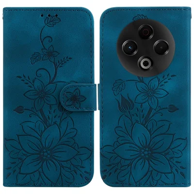 For TECNO Spark 30 4G Stand Case Lily Flower Imprint Leather Phone Cover with Wrist Strap - Dark Blue