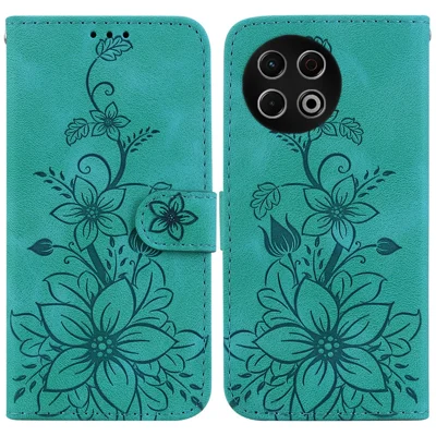 For TECNO Spark 30 Pro 4G Stand Case Lily Flower Imprint Leather Phone Cover with Wrist Strap - Green