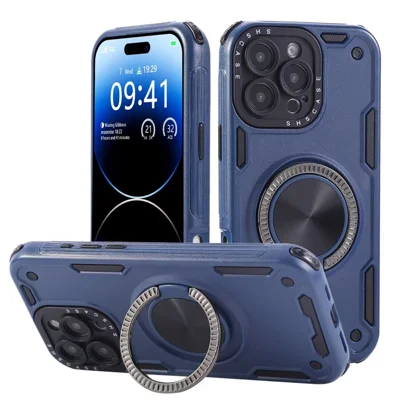 For iPhone 16 Pro Case Ring Kickstand PC + TPU Shockproof Phone Back Cover - Blue