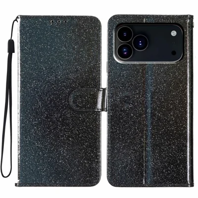 För iPhone 17 Pro Max plånboksfodral med glittrigt slitstarkt läder ställfodral med rem - Svart