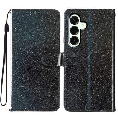 Voor Samsung Galaxy A17 5G / A17 4G / A26 5G Wallethoes Glitter Antikras Leer Stand Telefoonhoes met Bandje - Zwart