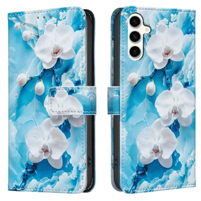 For Samsung Galaxy A56 5G  /  A36 5G Leather Case Pattern Print Wallet Stand Phone Cover - Blue Flowers