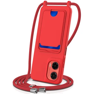 For Motorola Moto G35 5G Case Liquid Silicone Card Holder Back Phone Cover with Lanyard - Red