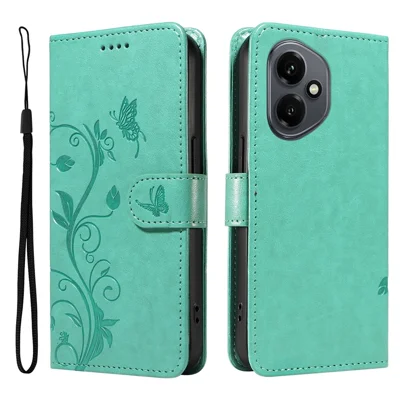 For Honor 400 5G (Global) PU Leather Cases Flower Pattern Wallet Stand Phone Cover with Strap - Green