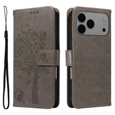 For iPhone 18 Pro Max / 17 Pro Max Phone Case with Stand Cat Tree Pattern Leather Wallet Mobile Cover - Grey