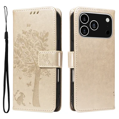 For iPhone 18 Pro / 17 Pro Phone Case with Stand Cat Tree Pattern Leather Wallet Mobile Cover - Gold