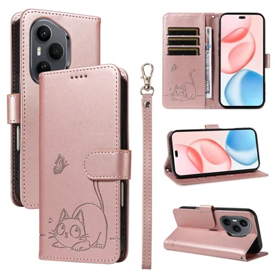 For Honor 400 Pro 5G (Global) Case Cat Pattern Imprint Leather Phone Cover with Wrist Strap - Rose Gold