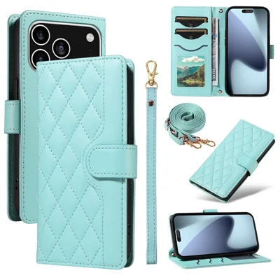 For iPhone 18 Pro / 17 Pro Wallet Case Rhombus Leather Phone Cover with Strap - Green