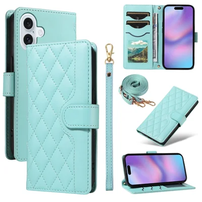 For iPhone 17 Wallet Case Rhombus Leather Phone Cover with Strap - Green