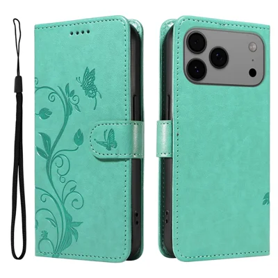 For iPhone 18 Pro Max / 17 Pro Max PU Leather Cases Flower Pattern Wallet Stand Phone Cover with Strap - Green