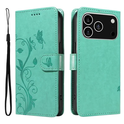 Voor iPhone 17 Pro PU Leren Hoesjes met Bloemenpatroon Portemonnee Stand Telefoonhoes met Bandje - Groen