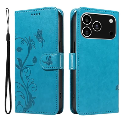 For iPhone 18 Pro / 17 Pro PU Leather Cases Flower Pattern Wallet Stand Phone Cover with Strap - Blue