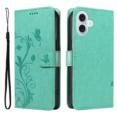 Voor iPhone 17 PU Leren Hoesjes met Bloemenpatroon Portemonnee Staande Telefoonhoes met Bandje - Groen
