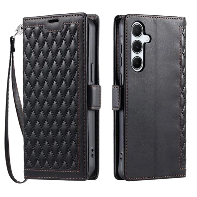 For Samsung Galaxy A18 5G / A18 4G / A17 5G / A17 4G / A26 5G Leather Case Rhombus Texture Wallet Stand Phone Cover with Wrist Strap - Black