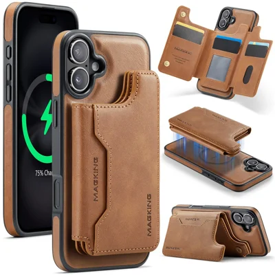 MAGKING K3 Series For iPhone 16 Plus Case Compatible with MagSafe Wallet PC + TPU + PU Phone Cover - Brown