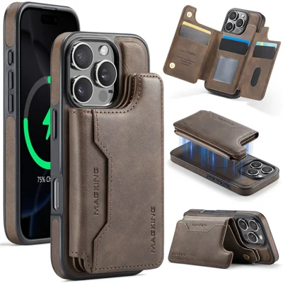 MAGKING K3 Series For iPhone 16 Pro Case Compatible with MagSafe Wallet PC + TPU + PU Phone Cover - Coffee