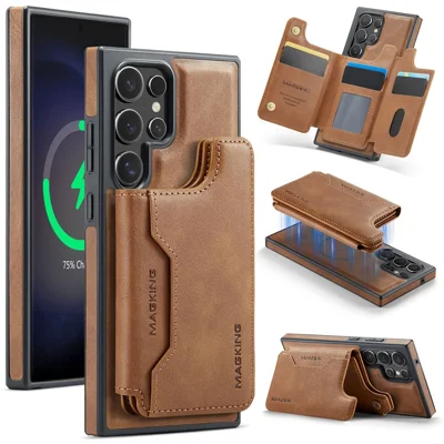 MAGKING K3 Series For Samsung Galaxy S23 Ultra Magnetic Case Wallet PC + TPU + PU Phone Cover - Brown
