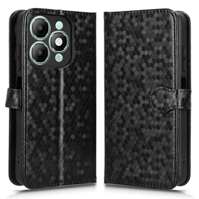 For itel A90 4G Wallet Case Dot Pattern Imprint PU Leather Phone Cover with Wrist Strap - Black