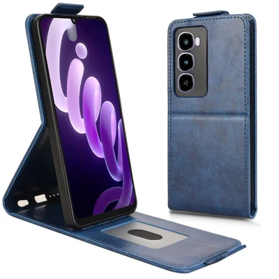 For itel City 100 4G Stand Case Magnetic Clasp Vertical Flip Leather Phone Cover with Card Holder - Dark Blue