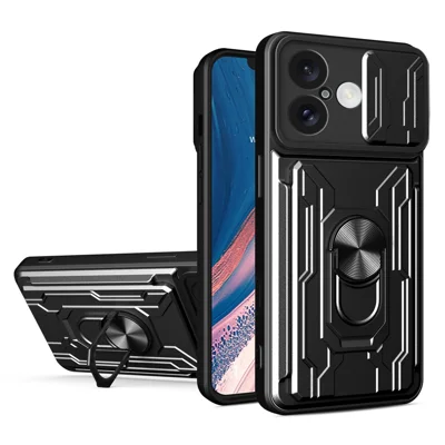 Bulk Purchasing For iPhone 16 Case PC + TPU Kickstand Phone Back Cover with Camera Slider - Black