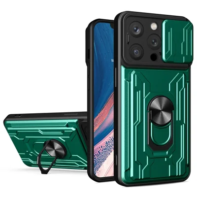 Bulk Purchasing For iPhone 16 Pro Case PC + TPU Kickstand Phone Back Cover with Camera Slider - Blackish Green