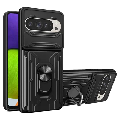 Bulk Purchasing For Google Pixel 9 Pro  /  Pixel 9 Case PC + TPU Kickstand Phone Back Cover with Camera Slider - Black