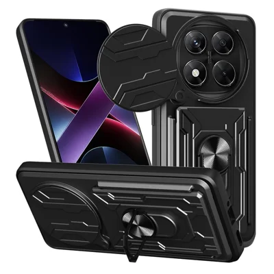 Bulk Purchasing For Xiaomi Redmi Note 14 Pro 4G Case PC + TPU Kickstand Phone Back Cover with Camera Slider - Black