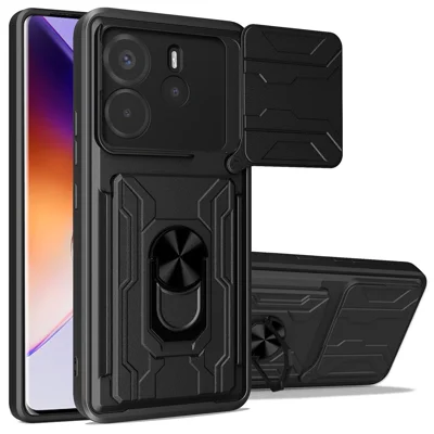 Bulk Purchasing For Xiaomi Redmi Note 14 4G (164.84mm) Case PC + TPU Kickstand Phone Back Cover with Camera Slider - Black
