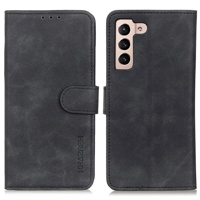 KHAZNEH Cell Phone Cover for Samsung Galaxy S23, Anti-scratch PU Leather Wallet Case Retro Texture Viewing Stand Phone Shell - Black