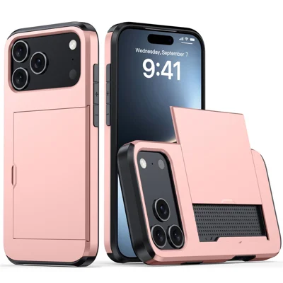Hoofdtelefoon voor iPhone 17 Pro Max, kaarthouder, TPU + PC, telefoonhoesje - roze goud