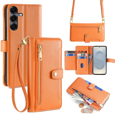 Voor Samsung Galaxy S25 Leren Hoesje met Ritsvak Portemonnee Telefoonhoes met 2 Riemen - Oranje