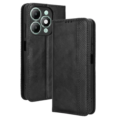 For itel A90 4G Leather Case Wallet Stand Retro Texture Phone Cover - Black