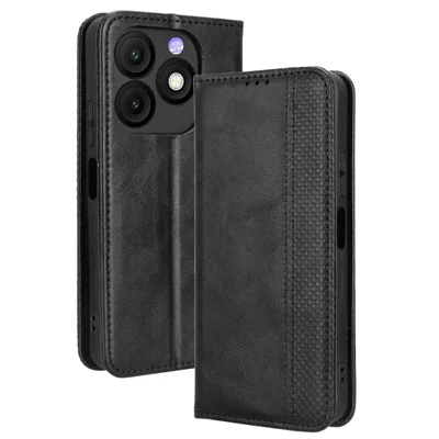 For itel Zeno 10 4G Leather Case Wallet Stand Retro Texture Phone Cover - Black