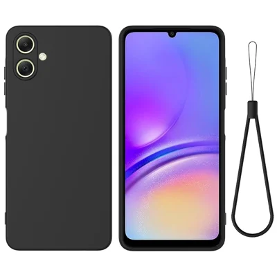 For Samsung Galaxy A08 4G / A08 5G / F07 4G / M17e 5G / M07 4G / A07 5G / A07 4G Liquid Silicone Case Phone Back Cover with Hand Strap - Black