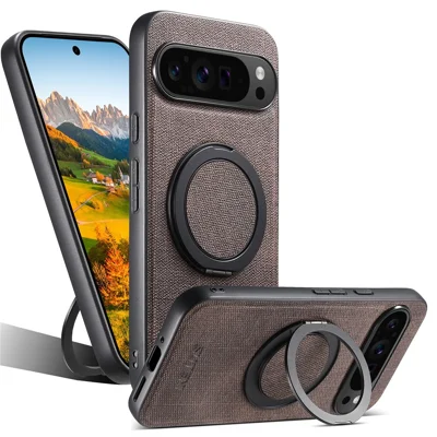 SUTENI G3 For Google Pixel 10 / 10 Pro Magnetic Case Rotating Ring Kickstand Jeans Texture PU TPU Phone Back Cover - Brown