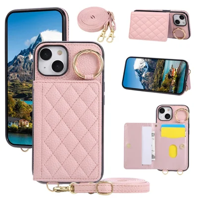 For iPhone 15 Case Kickstand Rhombus Leather + TPU Phone Cover with Shoulder Strap - Pink
