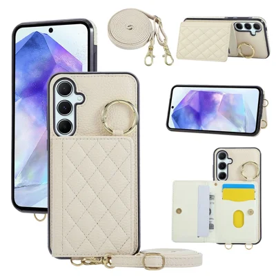 For Samsung Galaxy A16 4G / 5G Case Kickstand Rhombus Leather + TPU Phone Cover with Shoulder Strap - Beige