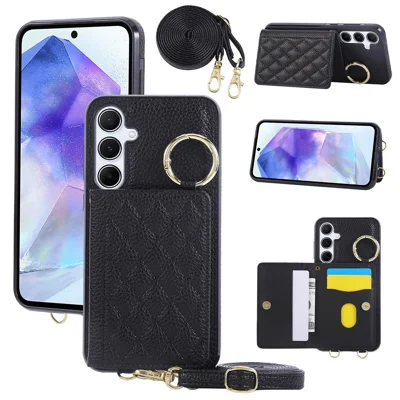 Voor Samsung Galaxy S25 / S24 Hoesje Standaard Ruitleer + TPU Telefoonhoes met Schouderband - Zwart