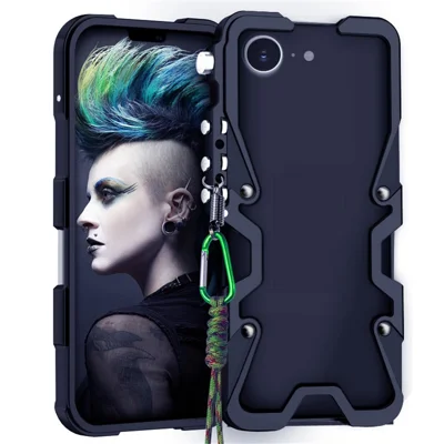 For iPhone 17e / 16e Bumper Case Aluminium Alloy Metal Phone Shell Cover with Strap - Black